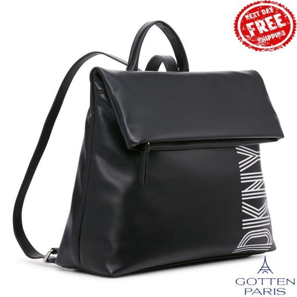 DKNY Tilly Logo Foldover Backpack Black/Silver Women's Bag - Picture 5 of 9